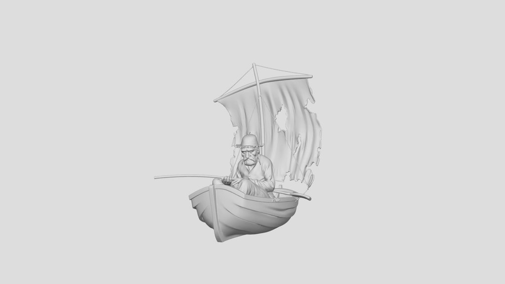 Old fisherman in a boat with a tattered sail