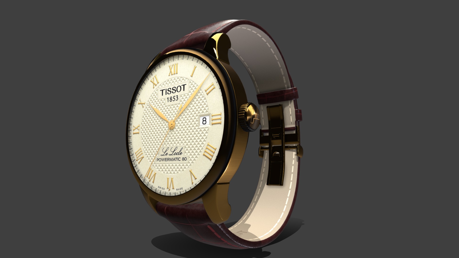 3D model TISSOT: Le Locle Powermatic 80 – Brown - This is a 3D model of the TISSOT: Le Locle Powermatic 80 - Brown. The 3D model is about a close up of a watch.