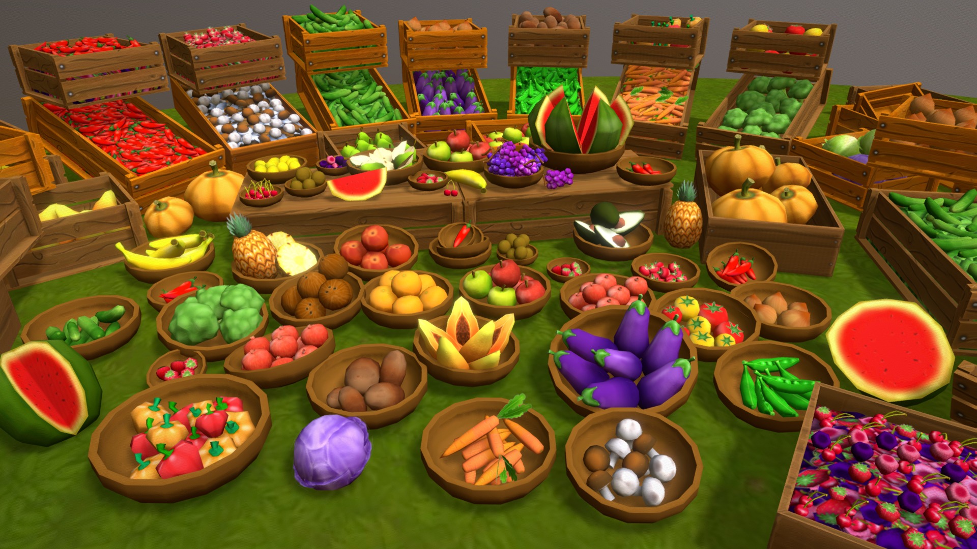 3D model Lowpoly Fruits And Vegetables Props - This is a 3D model of the Lowpoly Fruits And Vegetables Props. The 3D model is about a table full of food.
