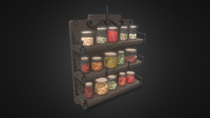 Wooden Shelf With Spices 3D Model