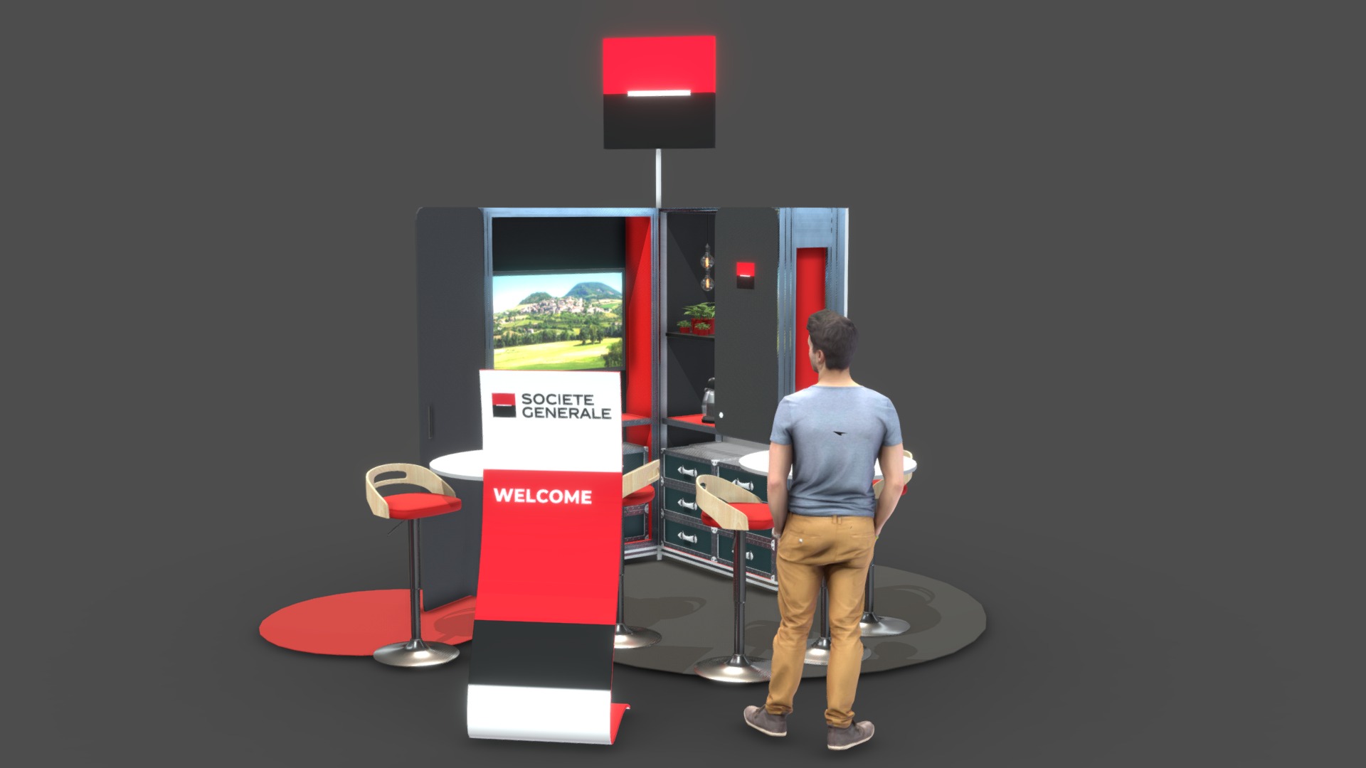 3D model Stand Société générale 9 m² - This is a 3D model of the Stand Société générale 9 m². The 3D model is about a person standing in front of a display.