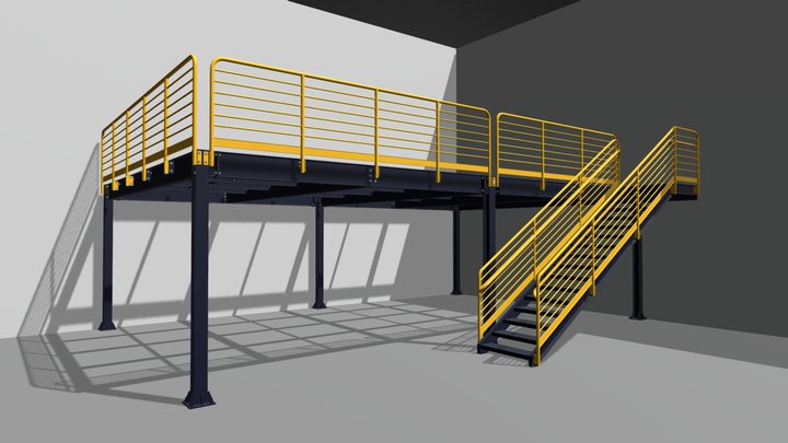 Mezanino metálico com escada e guarda corpo 3D Model