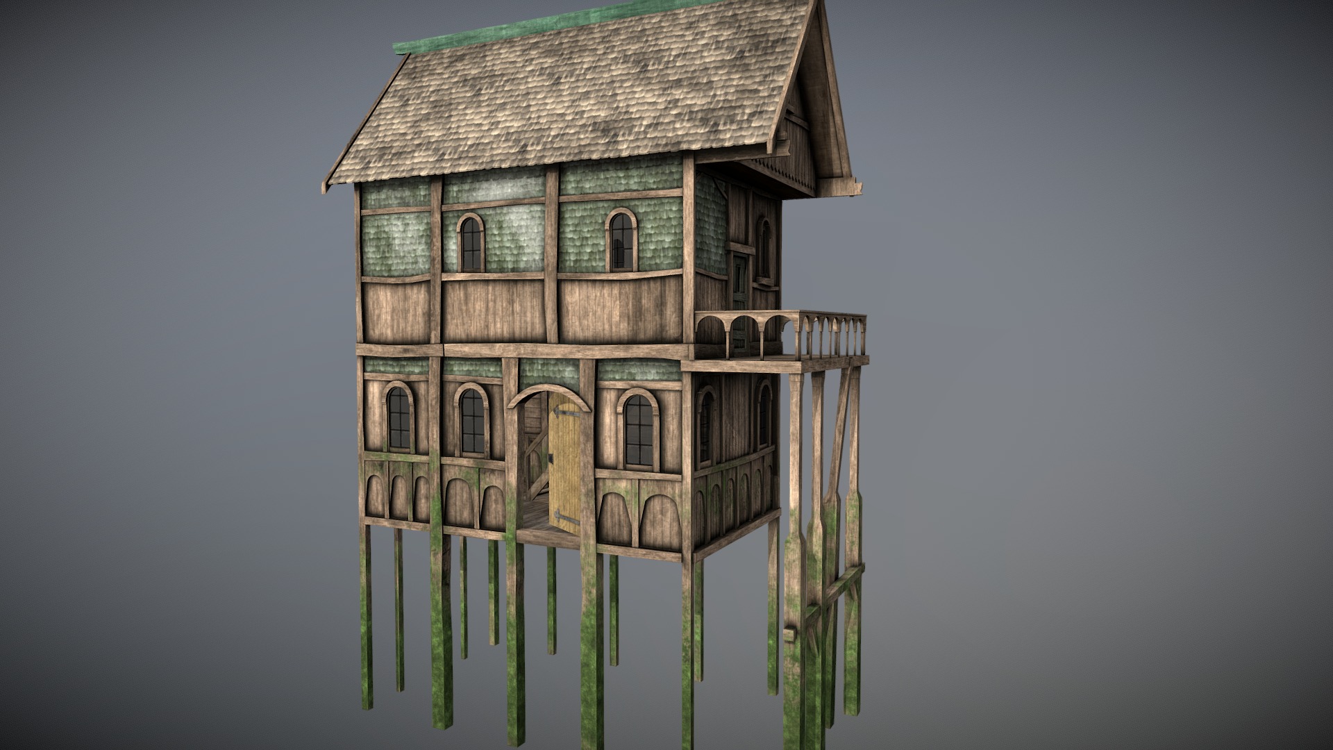 3D model Medieval Lake Village – House 2 with interiors - This is a 3D model of the Medieval Lake Village - House 2 with interiors. The 3D model is about a small wooden house.