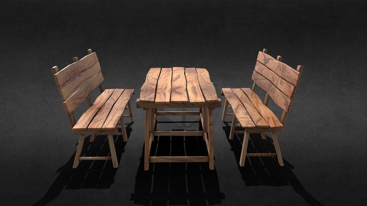 Wooden Table With Bench 3D Model
