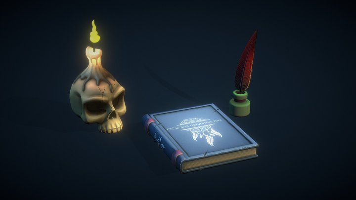 Dream book with skull and inkwell 3D Model