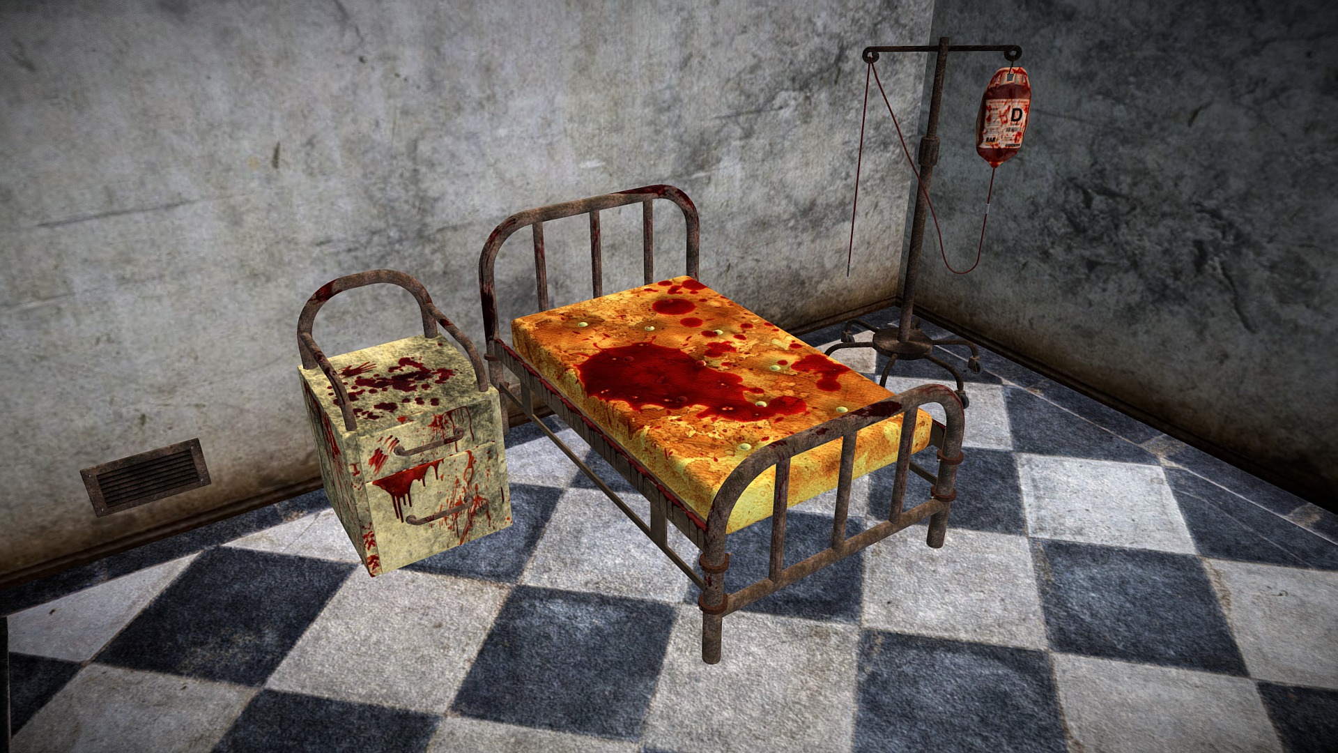 3D model Creepy Hospital Room - This is a 3D model of the Creepy Hospital Room. The 3D model is about a bench with a pizza box on it.