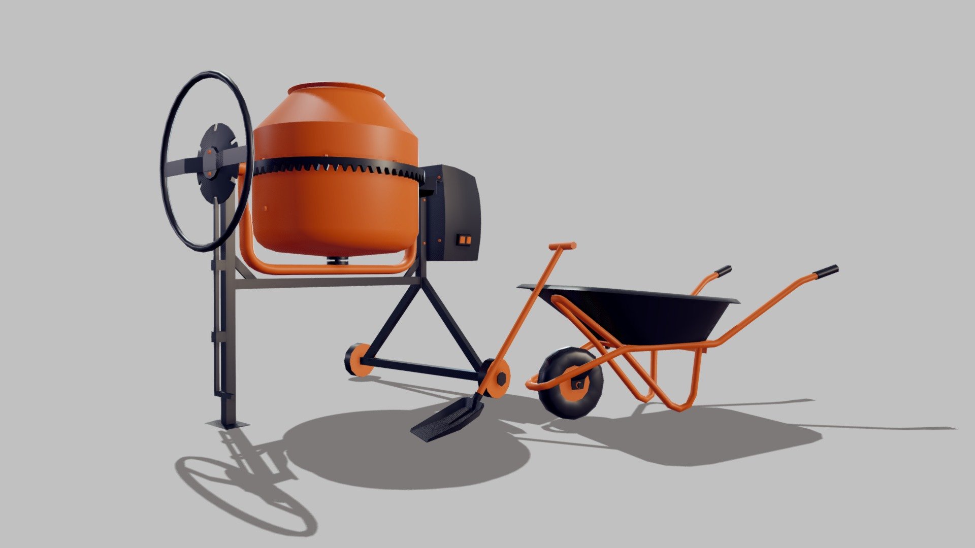 3 low-poly: mixer, wheelbarrow, shovel