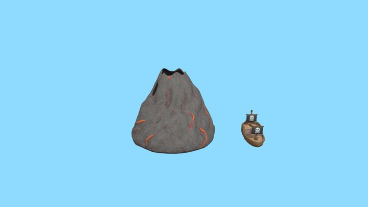 Sailing Pirate Ship and Volcano 3D Model