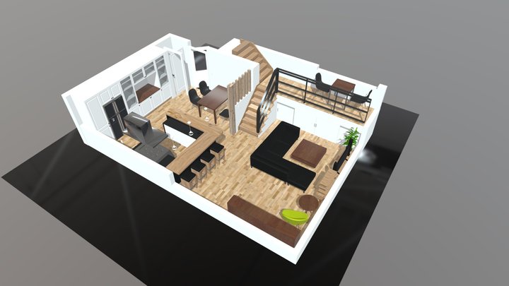 Kitchen + Livingroom Cutaway Interior Design 3D Model