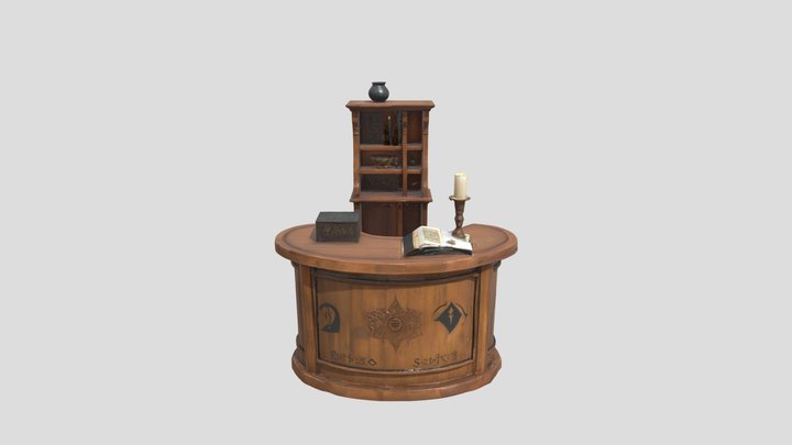 Curved Wooden Counter with Bookshelf 3D Model