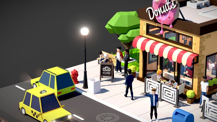 Cartoon Low-Poly Isometric Donut Shop Building 3D Model