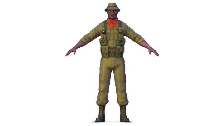High Poly Black Man Soldier Green Armor 3D Model