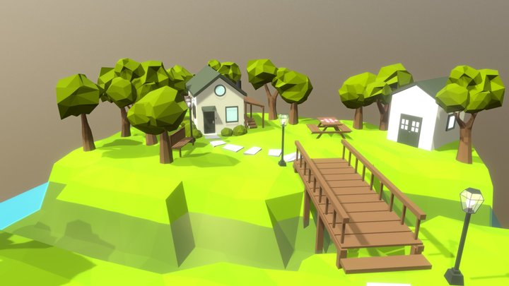 Low Poly House with Bridge 3D Model