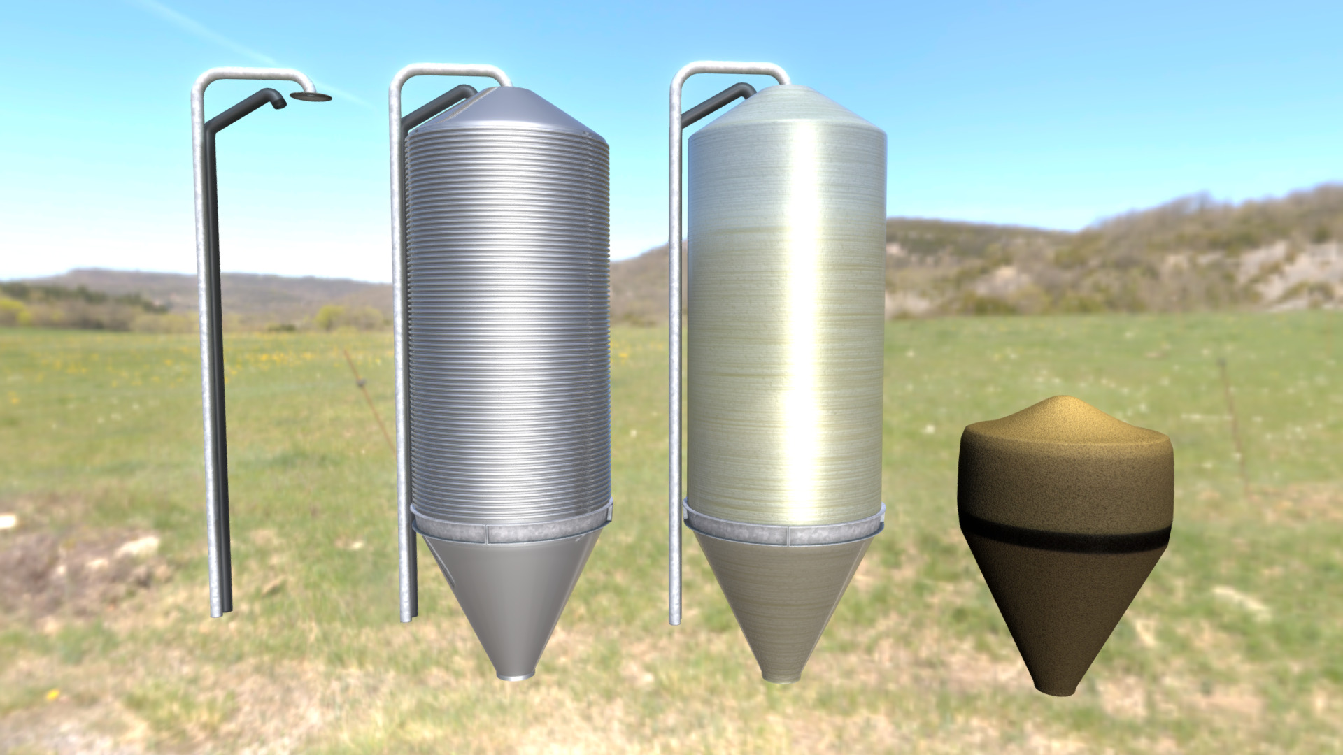 3D model Corn Silo (WIP-1) - This is a 3D model of the Corn Silo (WIP-1). The 3D model is about a couple of metal cylinders in a grassy field.