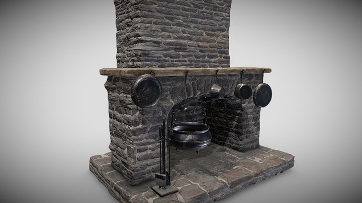 Old fashioned fireplace with accessories 3D Model