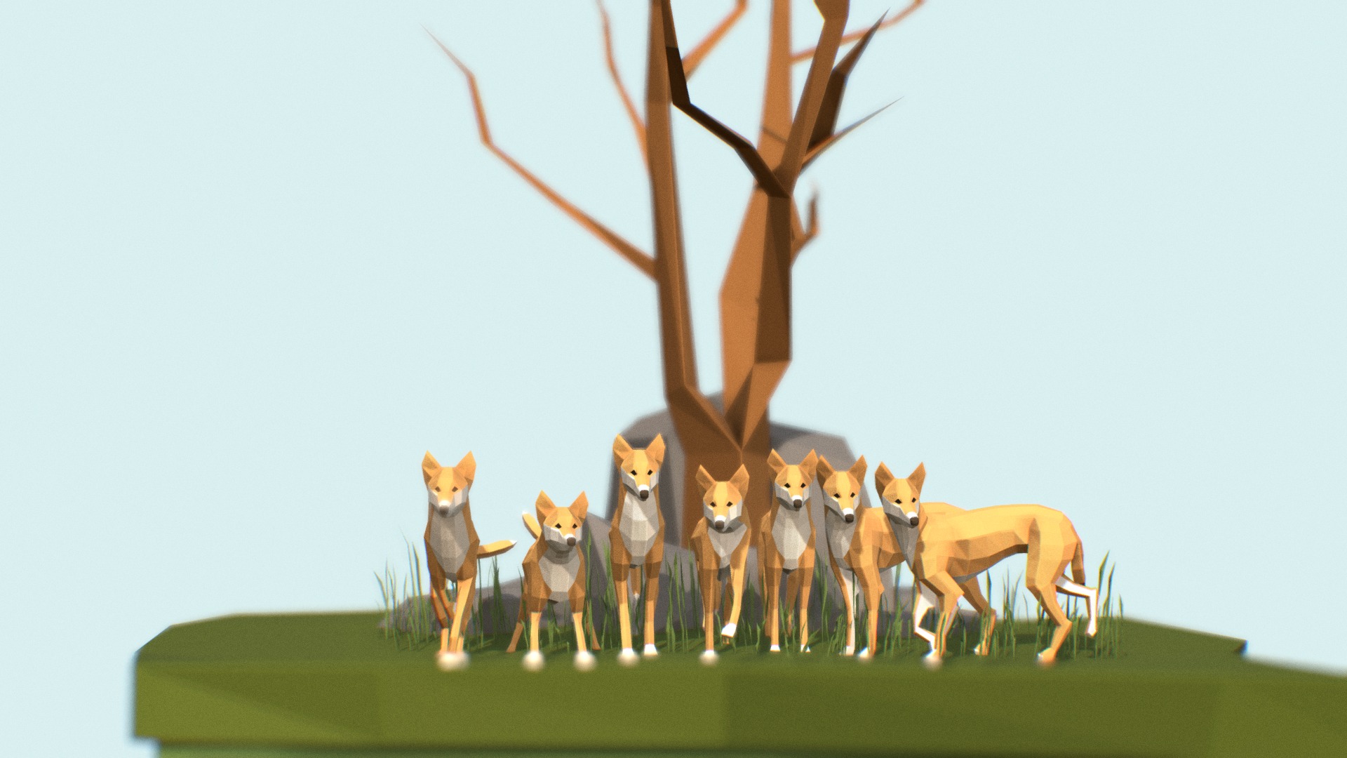 3D model Dingoes - This is a 3D model of the Dingoes. The 3D model is about a group of animals next to a tree.
