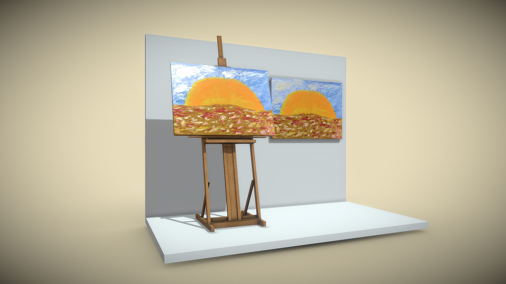 3D model Sunrise – Oil Painting - This is a 3D model of the Sunrise - Oil Painting. The 3D model is about a painting on a wall.