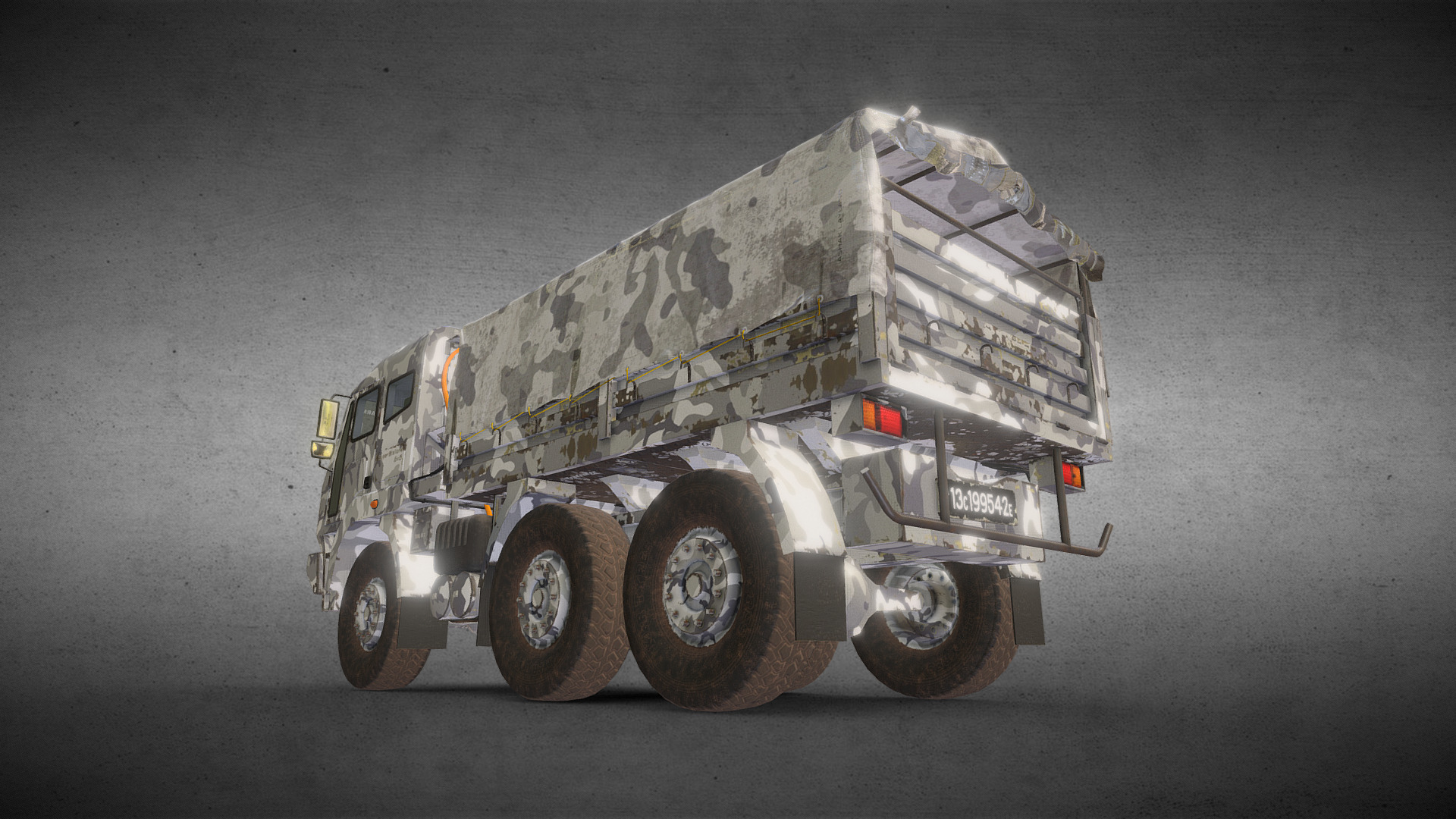 3D model 6×6 Military Truck Variation 4 +Rolled Tarpaulin - This is a 3D model of the 6x6 Military Truck Variation 4 +Rolled Tarpaulin. The 3D model is about a military vehicle on a grey surface.