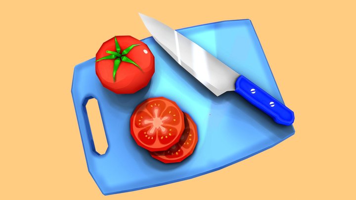 Stylized Tomato Slices On A Cutting Board 3D Model