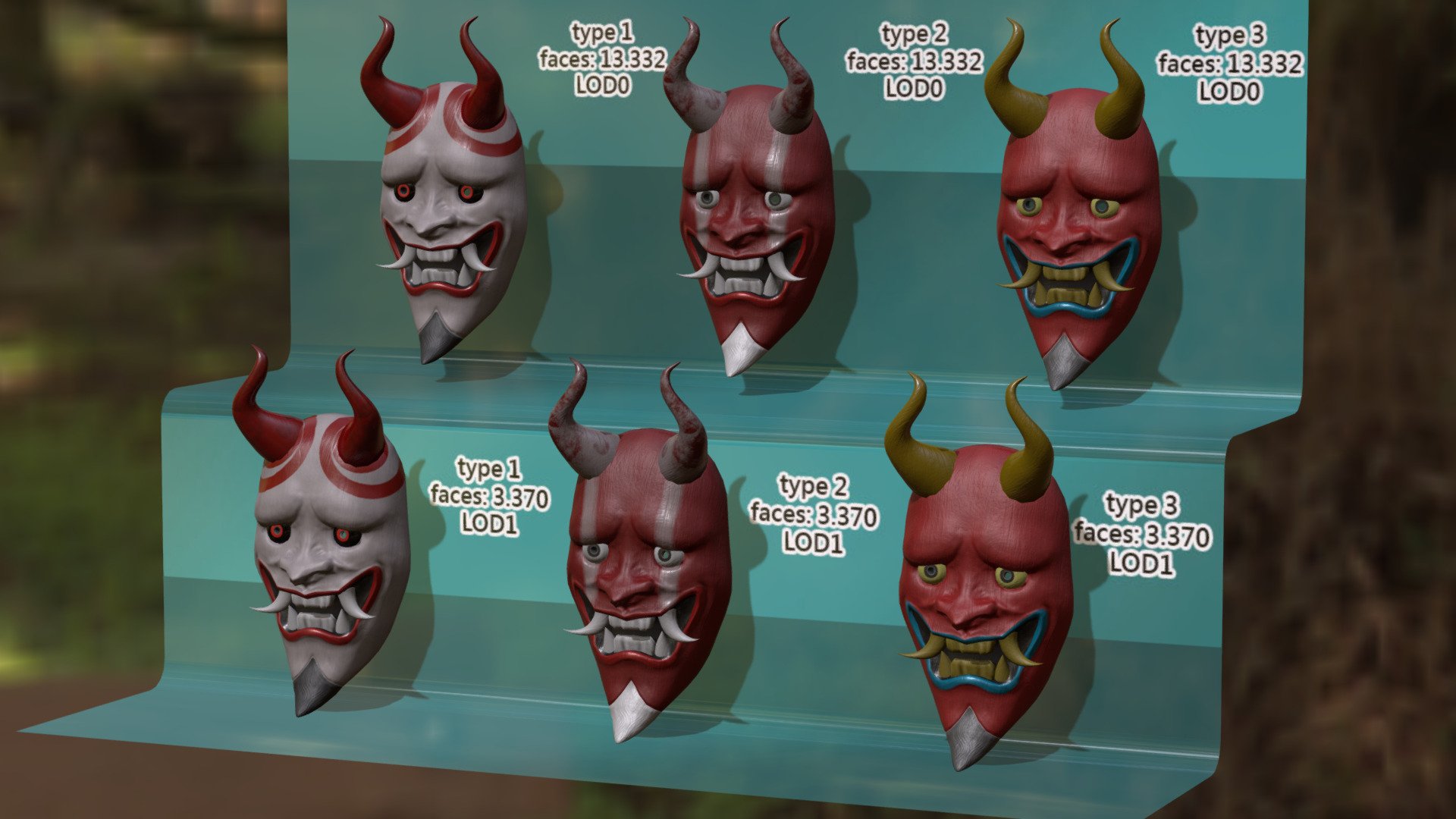 Three types of Hannya Masks with LODs