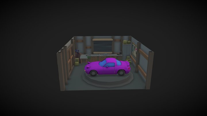 Low poly garage with miata inside 3D Model
