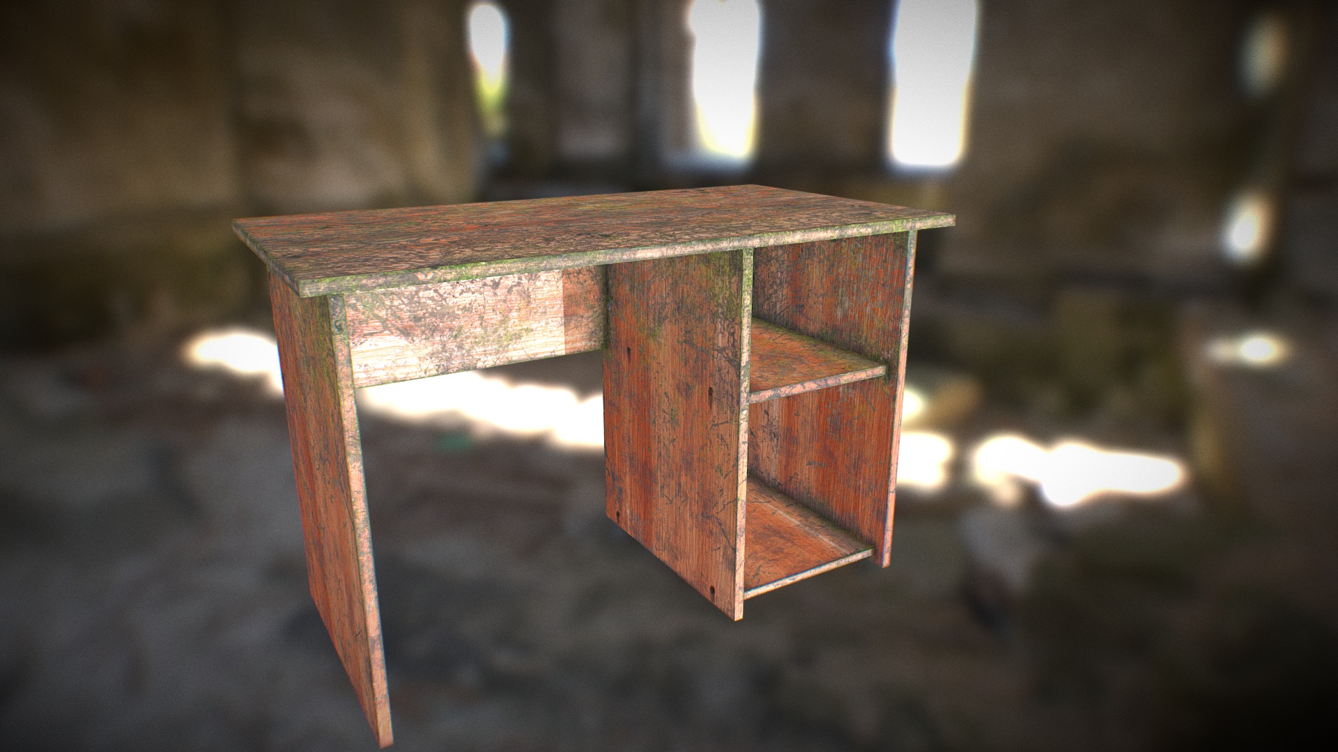 3D model Rotten table_3 - This is a 3D model of the Rotten table_3. The 3D model is about a wooden table in a dark room.