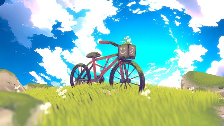 Lost Bicycle in the meadow - low poly stylized 3D Model