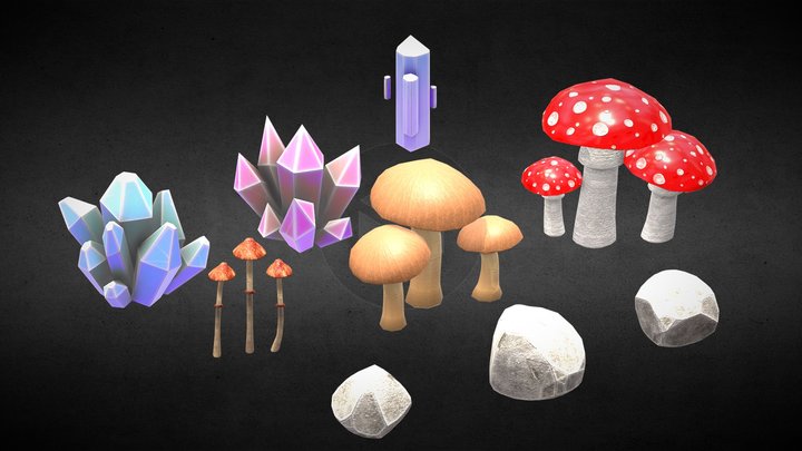Crystal Mushroom Rocks Pack 3D Model