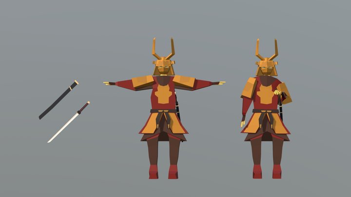 Low Poly Rigged Samurai Character + Sword 3D Model