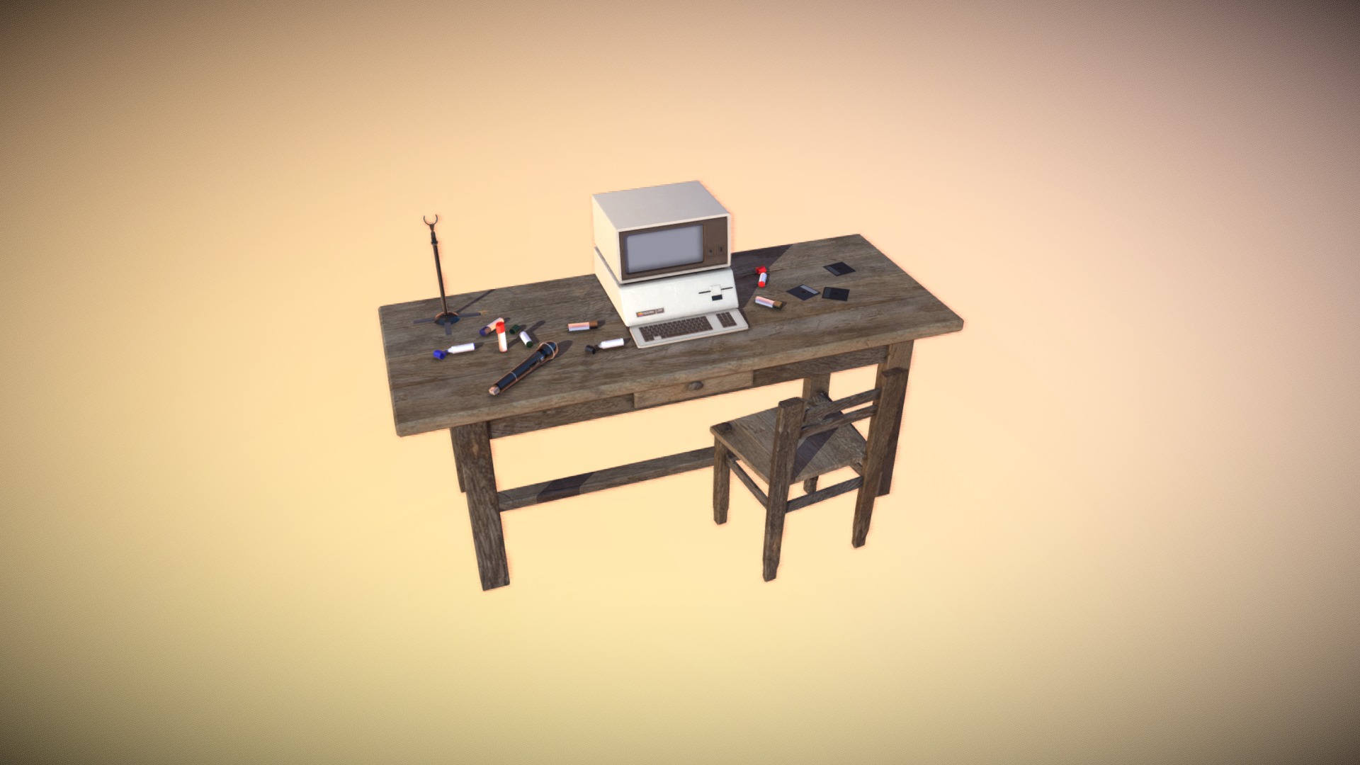 3D model Macintosh & bureau - This is a 3D model of the Macintosh & bureau. The 3D model is about a table with a computer on it.