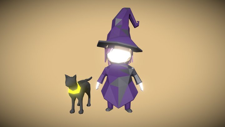 Low Poly Witch and Cat Blender 3D Model