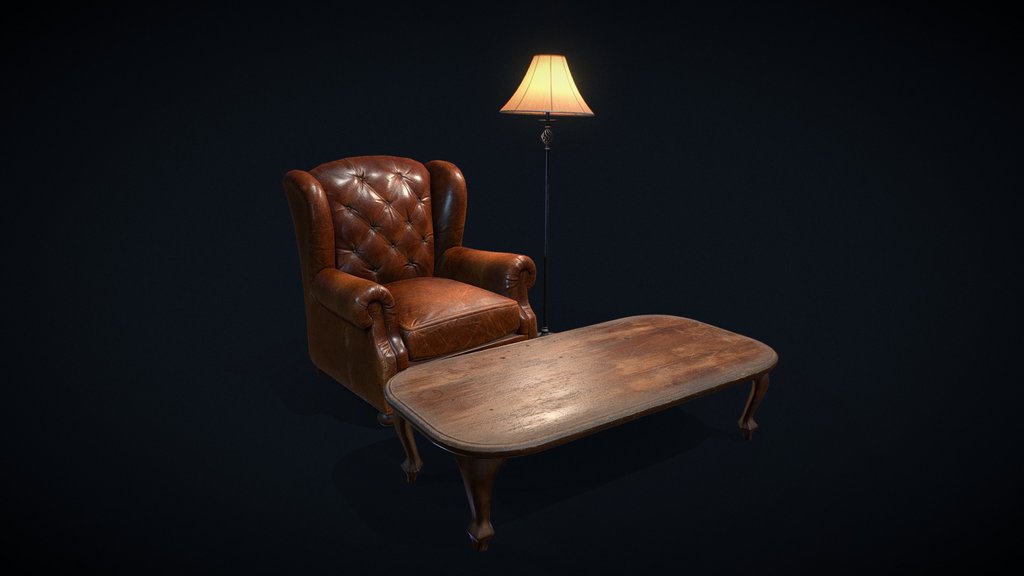 Leather armchair/ Coffee table/ Floorlamp