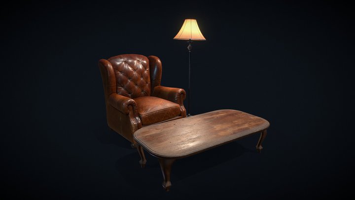 Leather armchair/ Coffee table/ Floorlamp 3D Model
