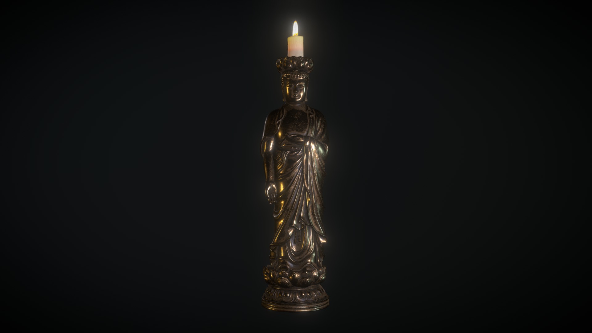3D model Buddha Сandlestick - This is a 3D model of the Buddha Сandlestick. The 3D model is about a lit candle with a flame.