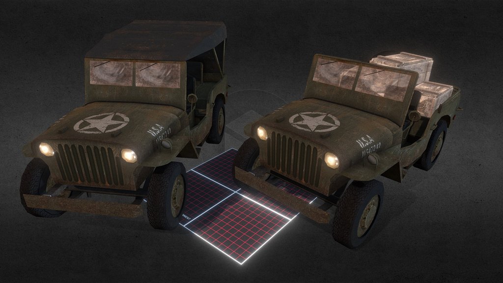 Low Poly Military Jeep - Willys MB - WW2 Scene