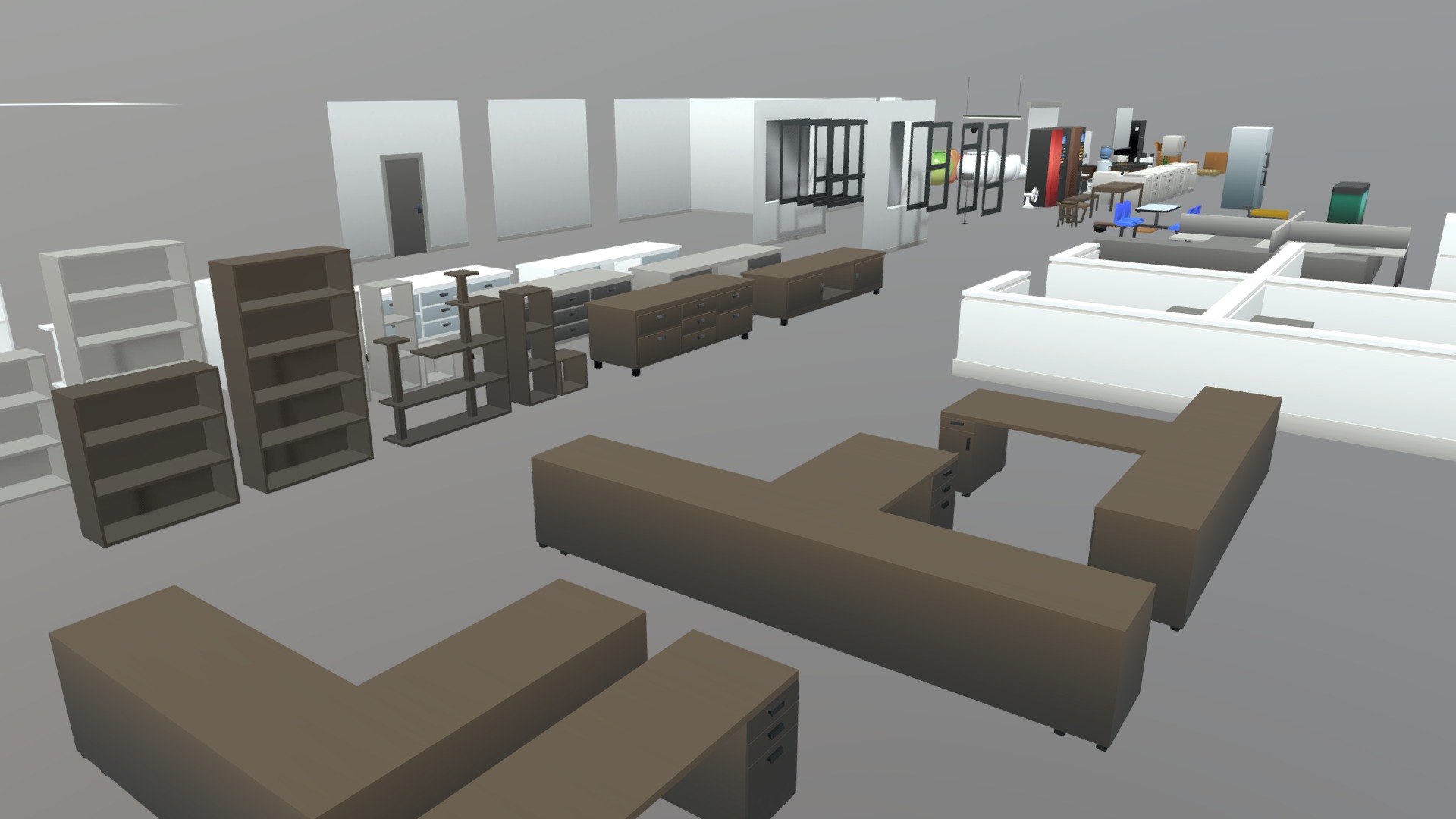3D model Low Poly Office Furniture and Props - This is a 3D model of the Low Poly Office Furniture and Props. The 3D model is about a room with tables and chairs.