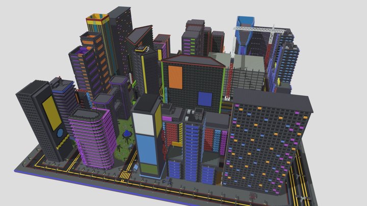 Futuristic neon city built in Minecraft. 3D Model