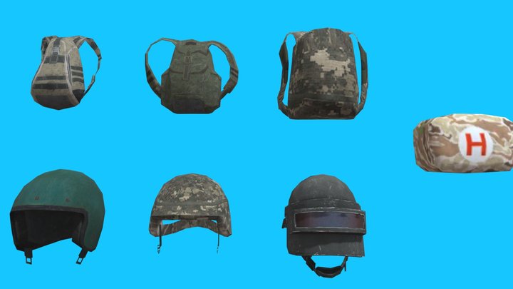 Lowpoly Pubg Bag and Helmets Pack 3D Model