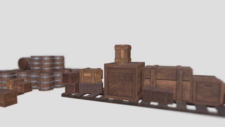 wood barrel and box 3D model 3D Model