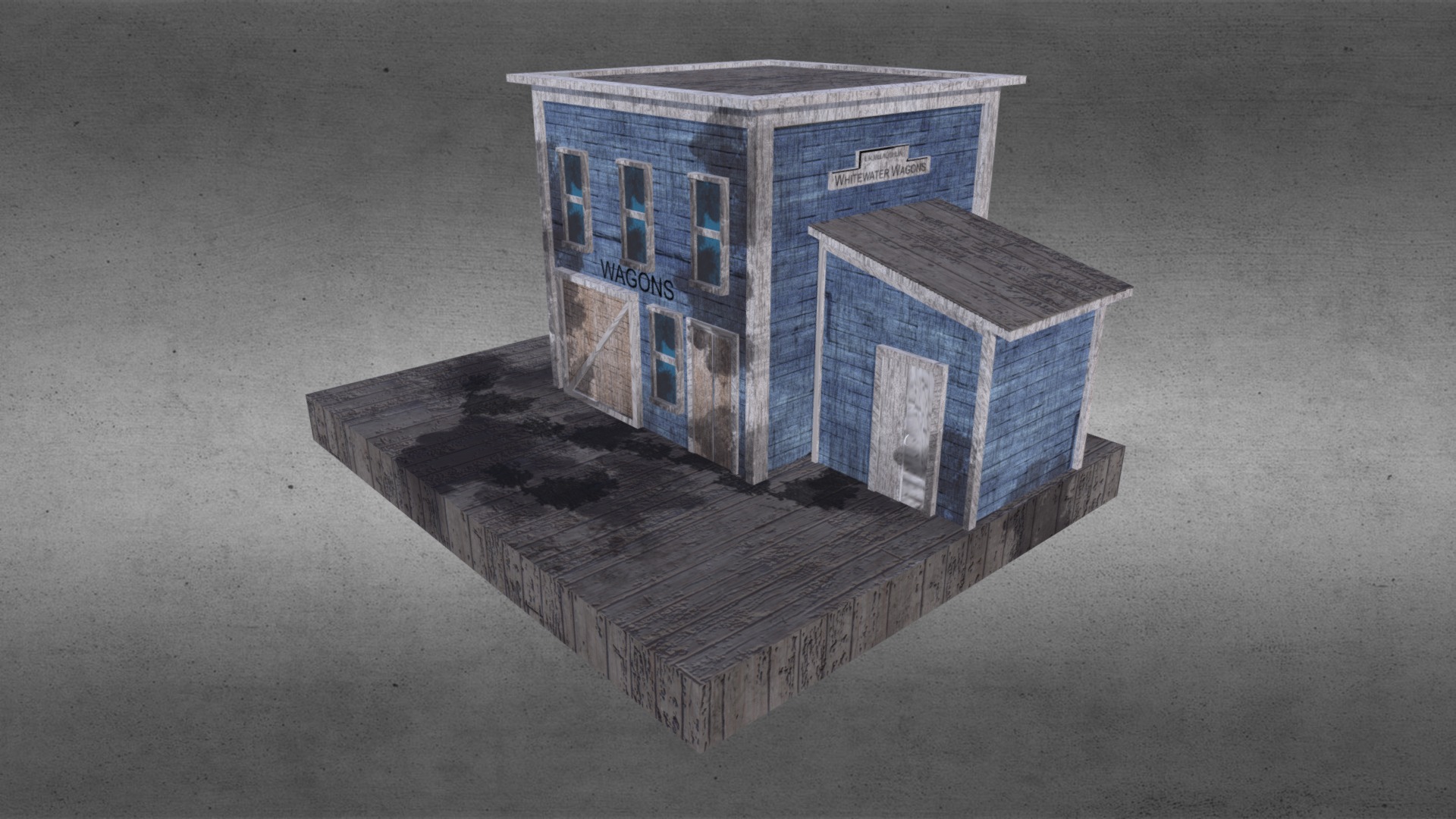 3D model Wagon House from Magnificent Seven Movie - This is a 3D model of the Wagon House from Magnificent Seven Movie. The 3D model is about a small blue house on a wooden platform.