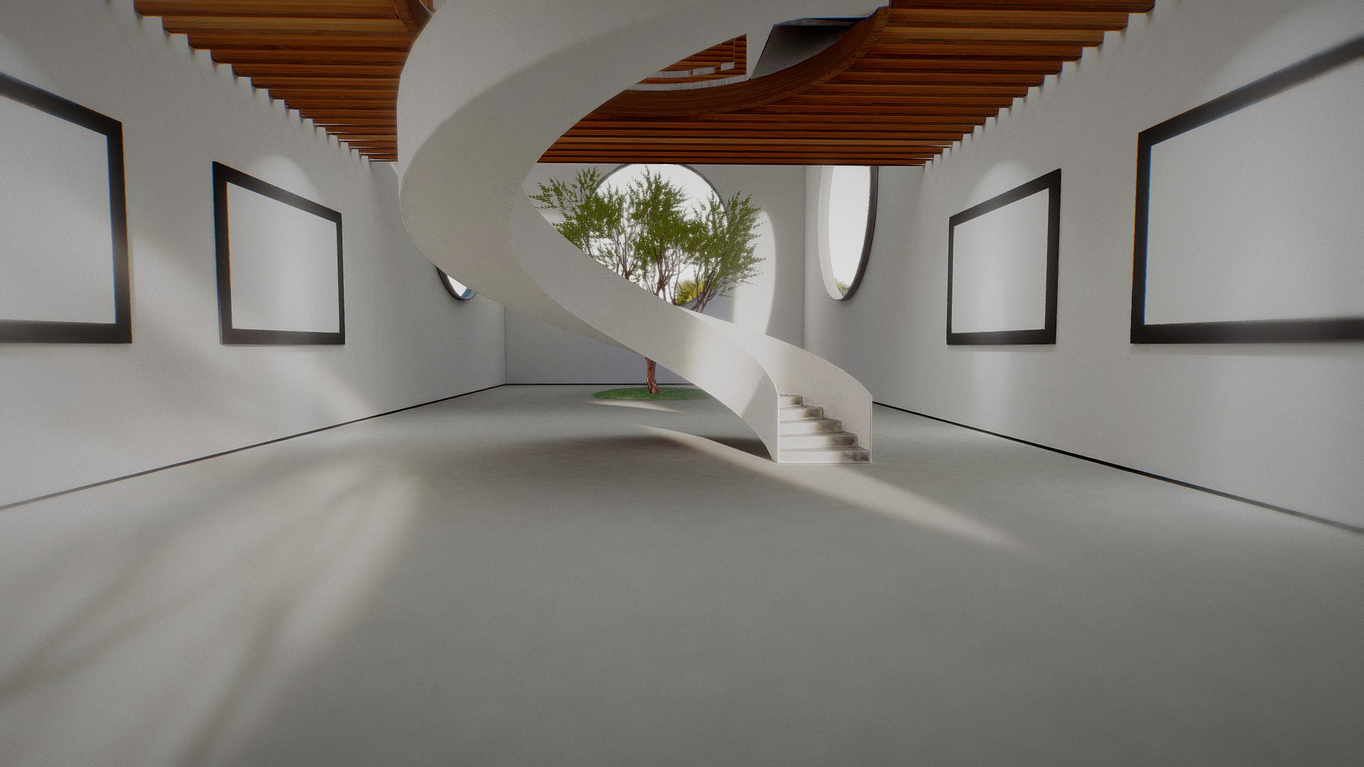 3D model VR Art Gallery Circles 2020 4k Corona Max Scene - This is a 3D model of the VR Art Gallery Circles 2020 4k Corona Max Scene. The 3D model is about a staircase with pictures on the wall.