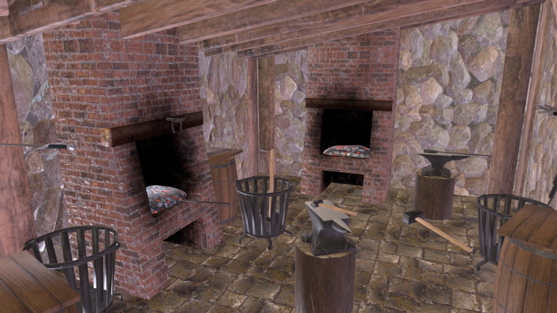 3D model Smithy – building and props - This is a 3D model of the Smithy - building and props. The 3D model is about a brick oven in a stone room.
