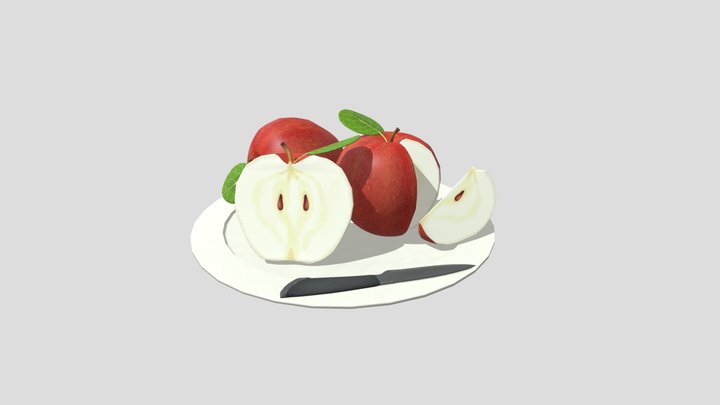 Apples onn a plate with knife 3D Model