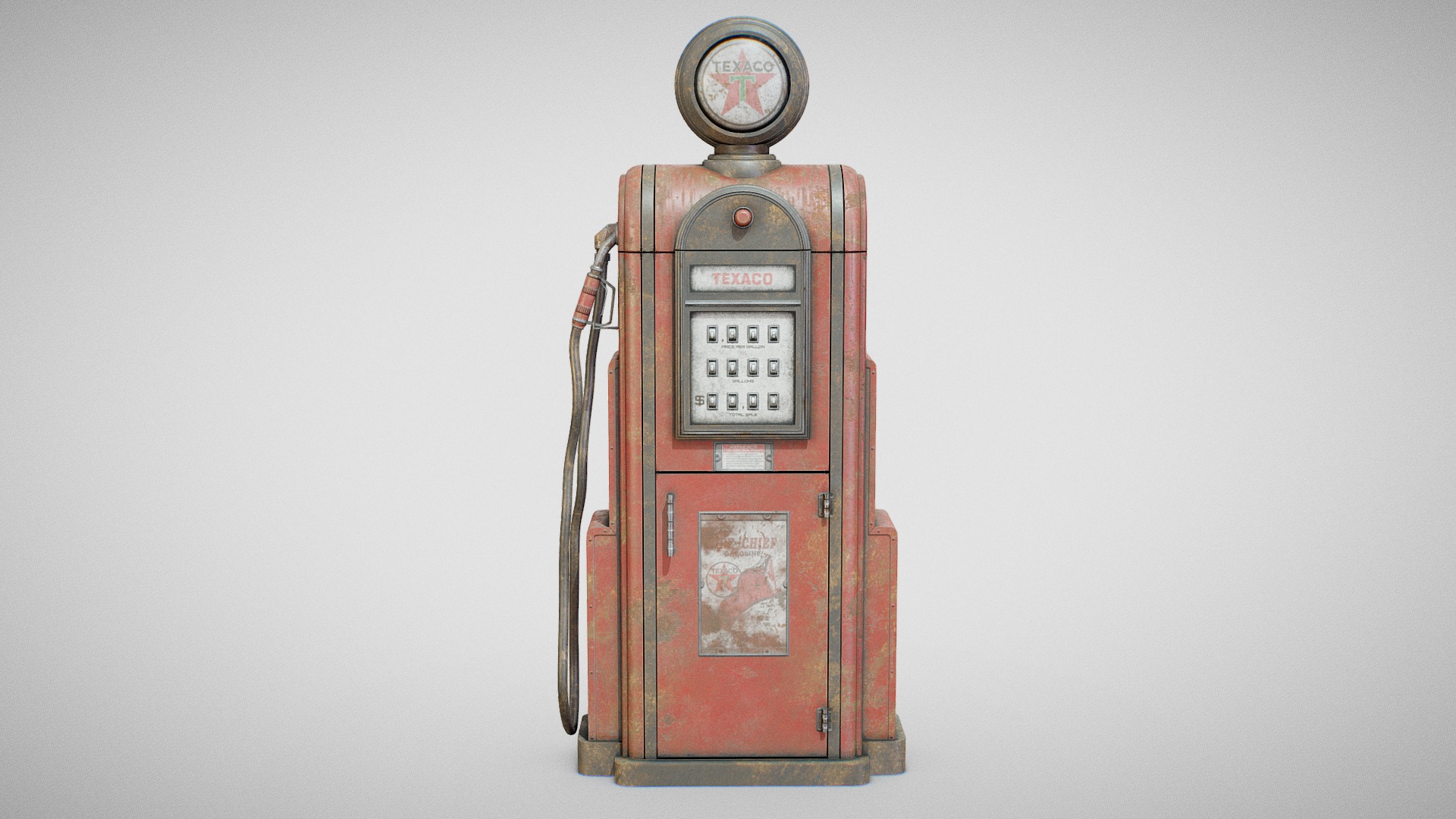 3D model Gas Pump – Texaco 60s (Dirty) - This is a 3D model of the Gas Pump - Texaco 60s (Dirty). The 3D model is about a red telephone with a silver clock.