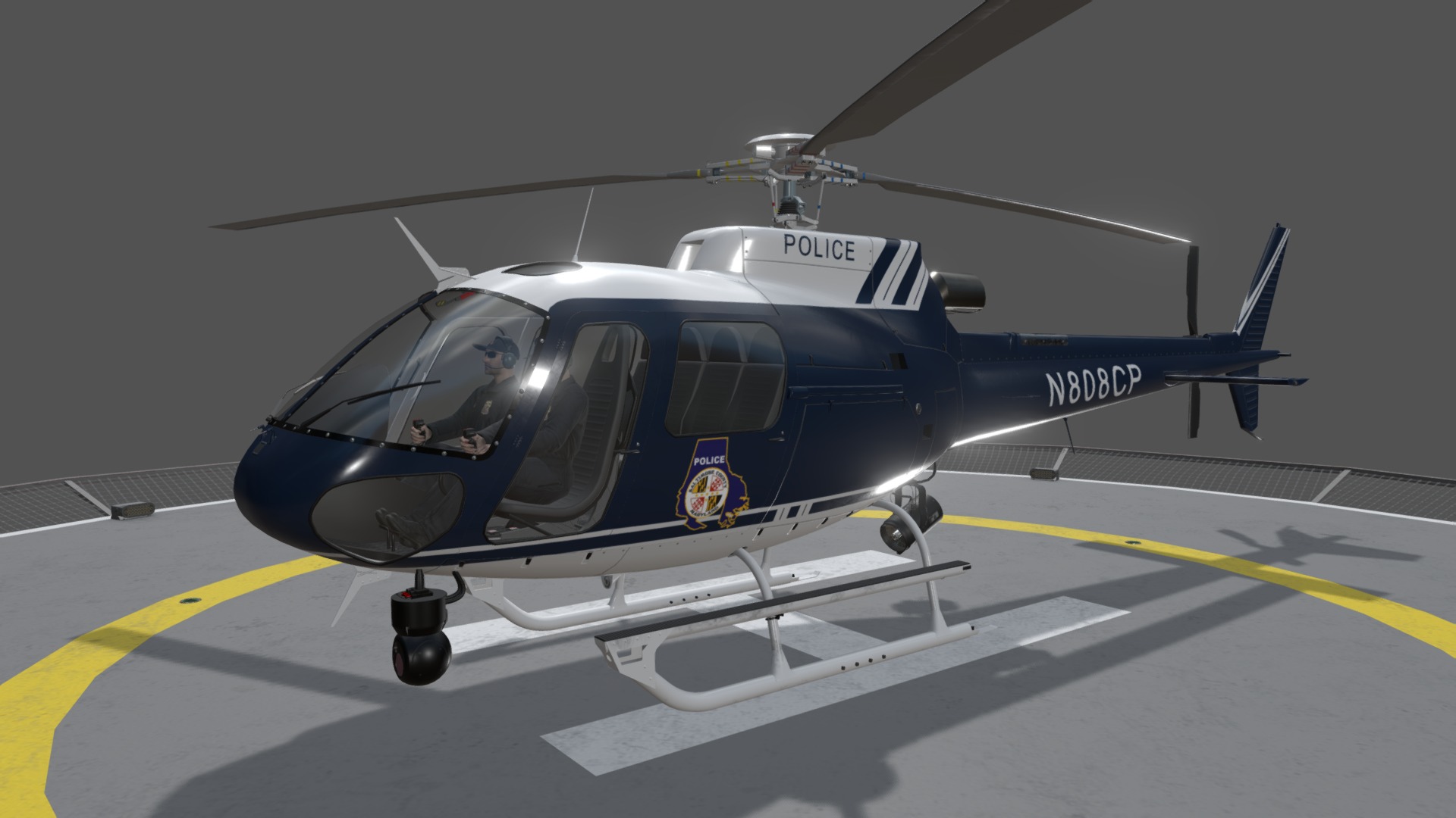 3D model AS-350 Baltimore County Police Animated - This is a 3D model of the AS-350 Baltimore County Police Animated. The 3D model is about a helicopter on a runway.