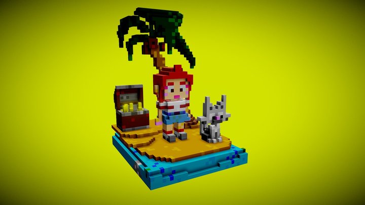 Voxel Young girl and cat 3D Model