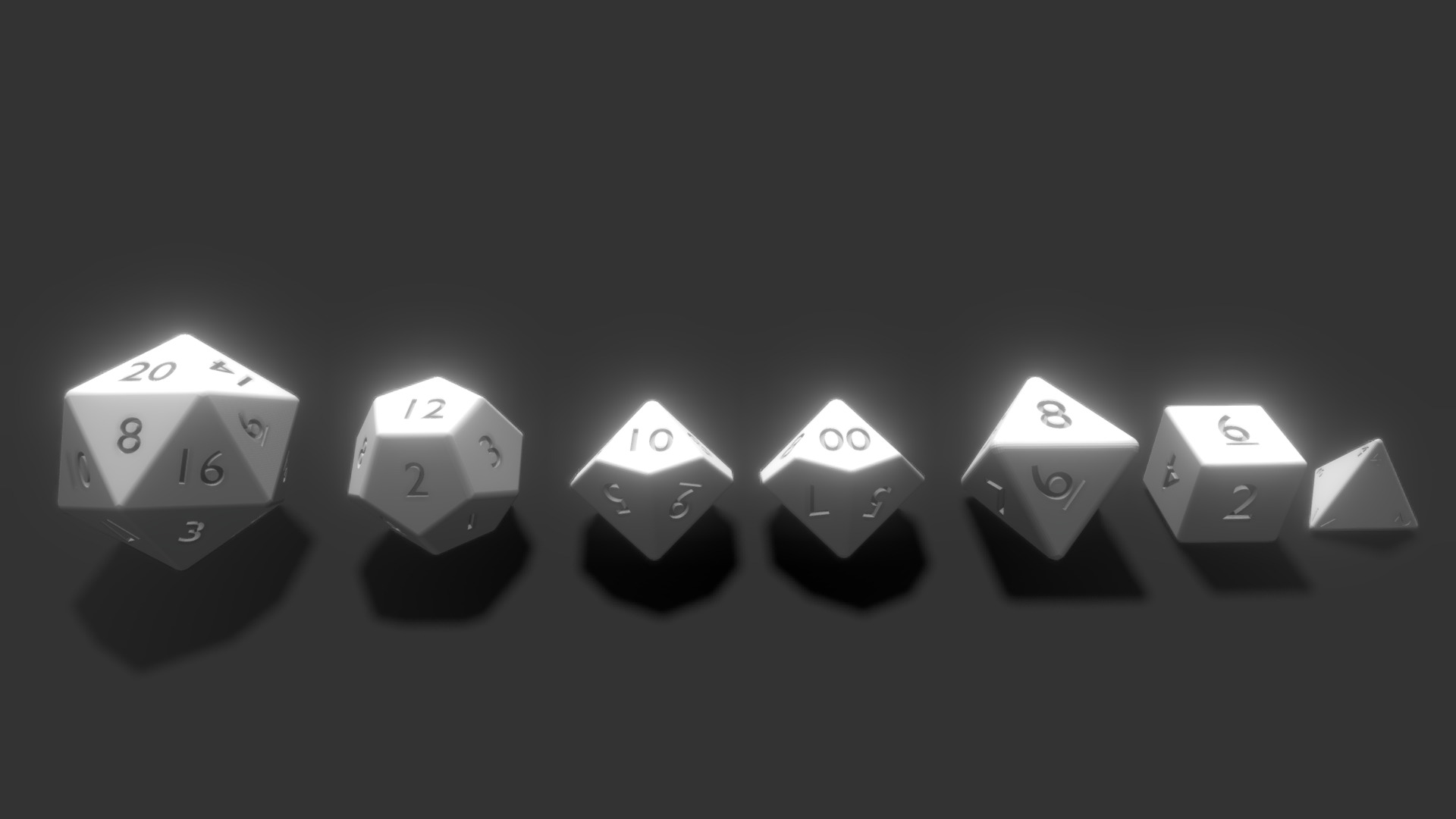 3D model Simple dice set (d4, d6, d8, d10, d00, d12, d20) - This is a 3D model of the Simple dice set (d4, d6, d8, d10, d00, d12, d20). The 3D model is about a group of white and black dominoes.