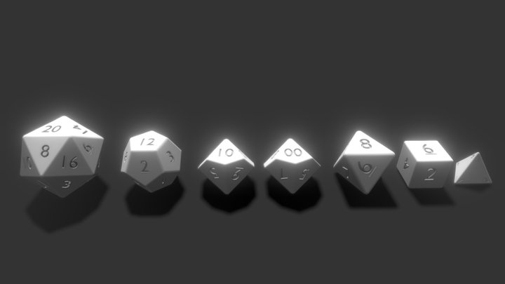 Simple dice set (d4, d6, d8, d10, d00, d12, d20) 3D Model