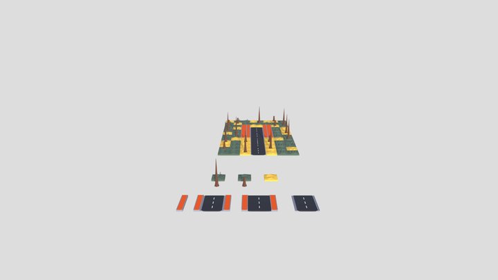Low Poly Road modules with simple example 3D Model