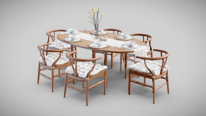 Wooden Dining Table and Chairs Set 3D Model